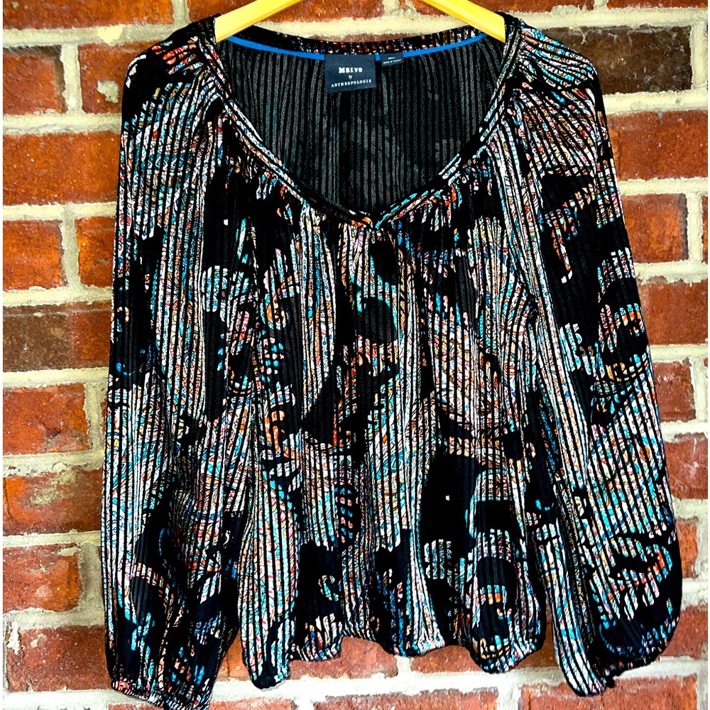 Maeve by Anthropologie black,red, green, blue silky blouse with silver accents